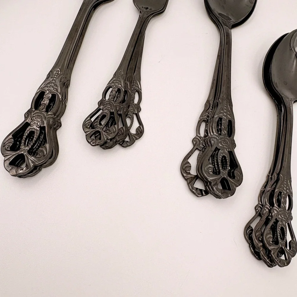 Baroque Gunmetal Black Rose Filigree Flatware 20pc Gothic Victorian Halloween